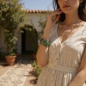 IC Signed India Craft Green Enamel Statement Bracelet | Floral Medallions